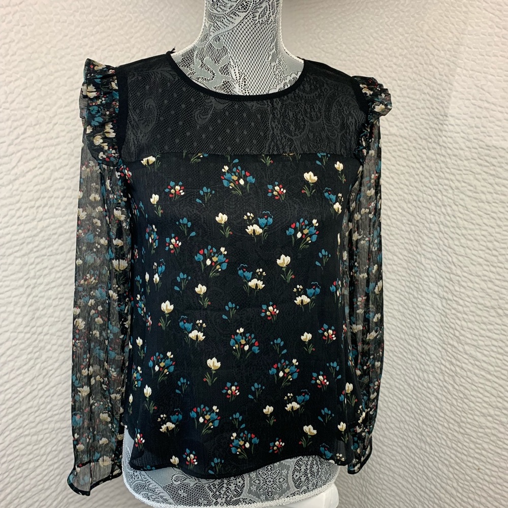 Zara Long Sleeve Black Floral Sheer Top Size XS